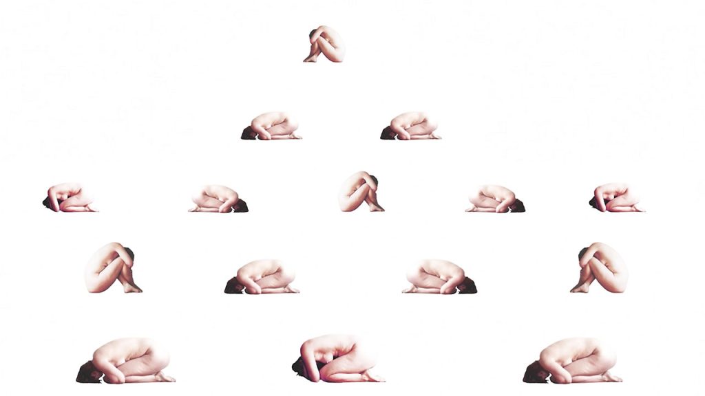 A pyramid-like layout of 15 cut out images of a naked female-bodied person in variations of the fetal position, her face out of view in all.