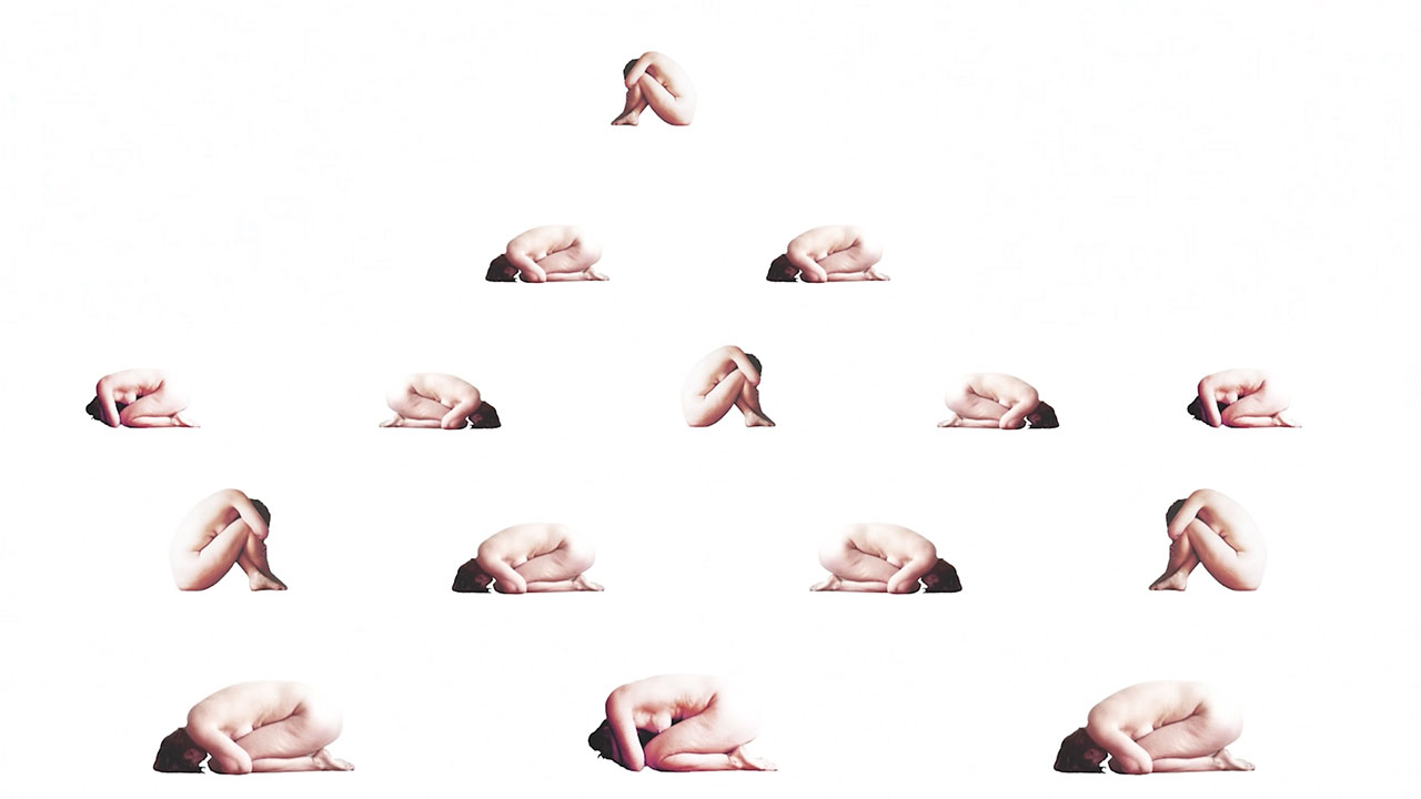 A pyramid-like layout of 15 cut out images of a naked female-bodied person in variations of the fetal position, her face out of view in all.