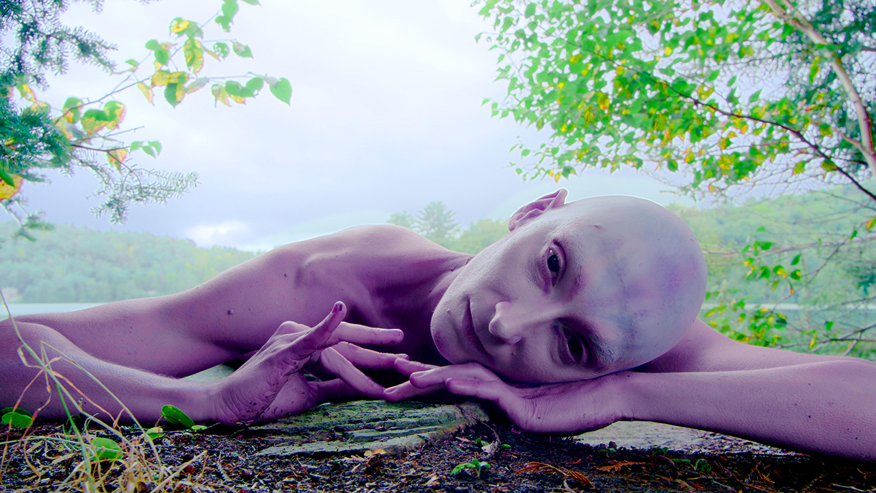 A bald, purple-skinned humanoid alien lays with their head resting on their arms on top of the dirt. There is a lake surrounded by woods in the background.