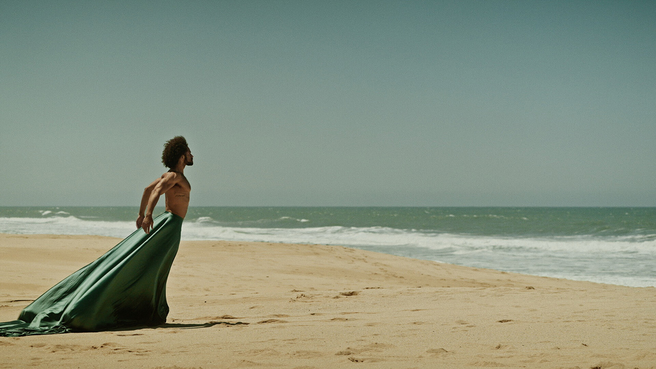 A dancer stands on a beach, looking towards the ocean. They are shirtless, wearing a silk, green skirt that extends far behind them. They hold their arms back behind them, with their elbows backwards and chest out.