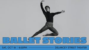 An archival image of dancer George Lee jumping in the air in a stag position. He wears a long-sleeve black top, dark grey tights, and ballet shoes.