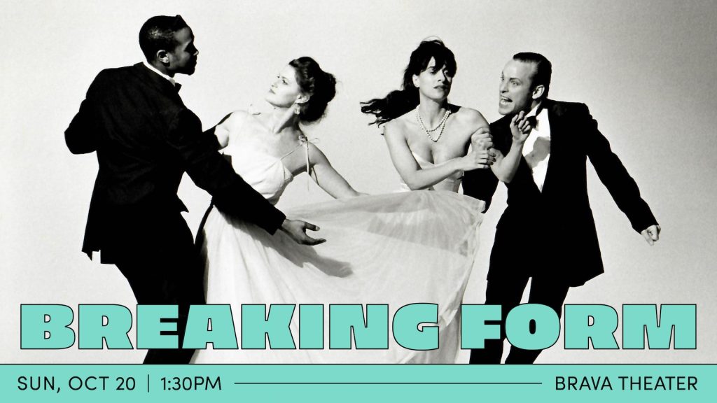 A greyscale image of two men in tuxedos alongside two women in formal gowns. The couple on the left strikes a traditional dance pose, while the couple on the right is caught mid-motion. The woman holds on the man's arm as the man move sideways, a funny expression on his face.