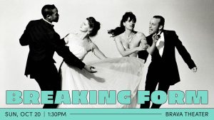 A greyscale image of two men in tuxedos alongside two women in formal gowns. The couple on the left strikes a traditional dance pose, while the couple on the right is caught mid-motion. The woman holds on the man's arm as the man move sideways, a funny expression on his face.