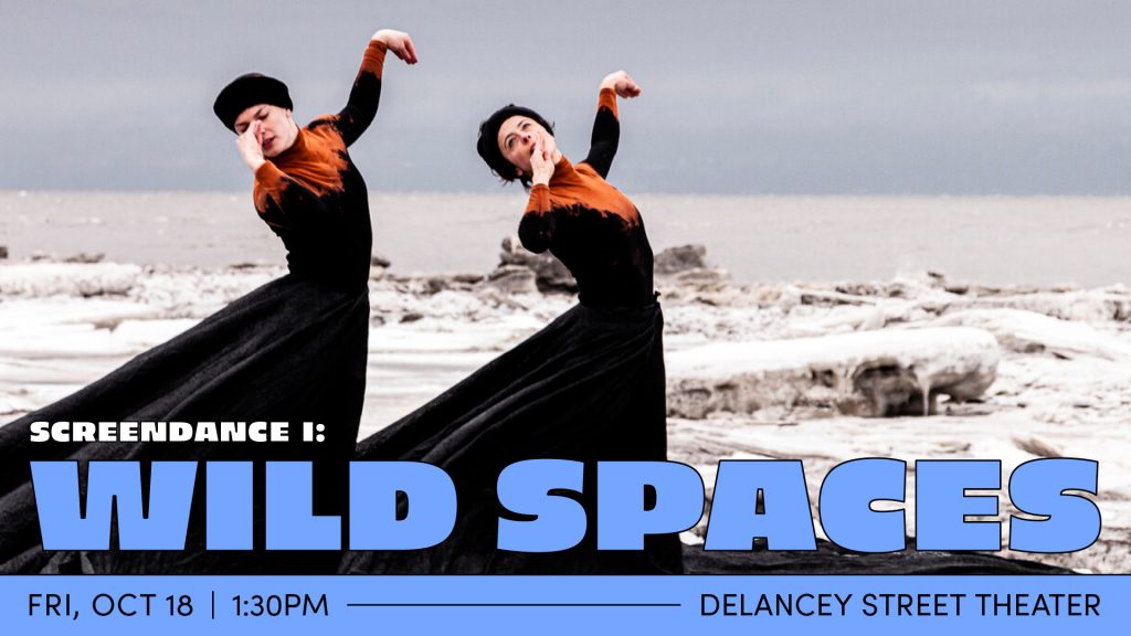 Two dancers in long, black dresses with splashes of orange stand on an ice sheet on the edge of a large body of water.