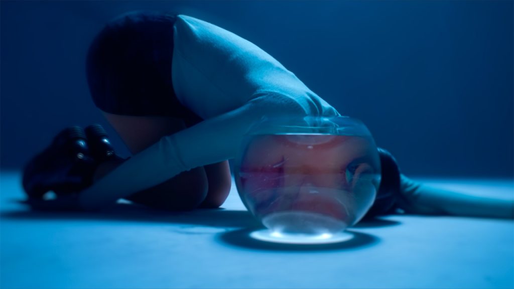 A woman in a black skirt and white sweater hunches over the the floor in blue lighting. A fishbowl filled with water placed on the ground magnifies her face as she peers through it.