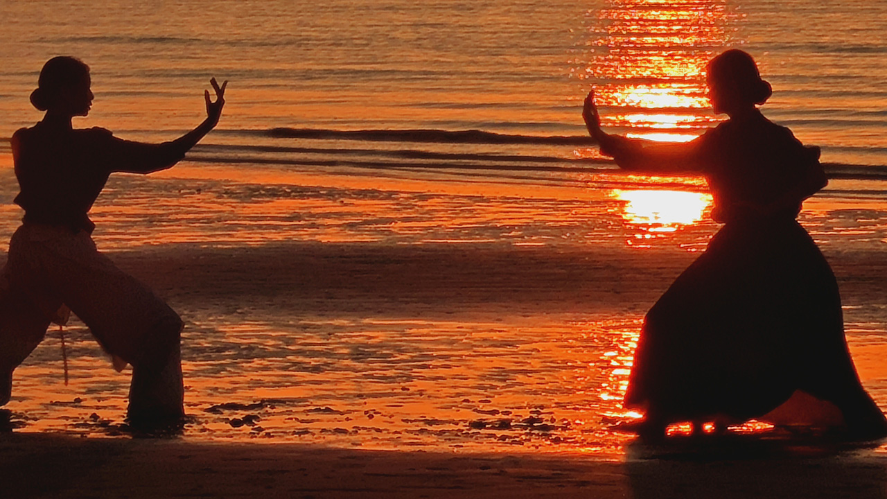 Two dancers wearing flowy clothing stand on a beach with their feet in the water. They stand opposite each other, each in a shallow lunge, one arm curved upwards towards one another. The sun reflects in the water behind them as it sets, lighting the water orange and red.