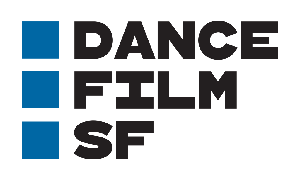 Logo for Dance Film SF. This logo features the words "Dance Film SF" stacked vertically on top of one another, with a vertical stack of three blue squares to the left of the words.